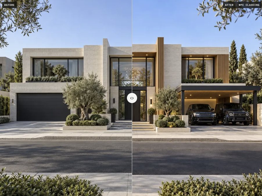 A villa facade before and after WPC cladding